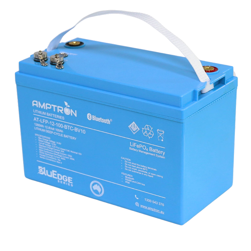 The BluEdge 100Ah battery from a front corner with the carry handle raised, showing the depth of the case and the terminal cluster on the top face