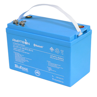 The BluEdge 100Ah battery from a front corner with the carry handle raised, showing the depth of the case and the terminal cluster on the top face
