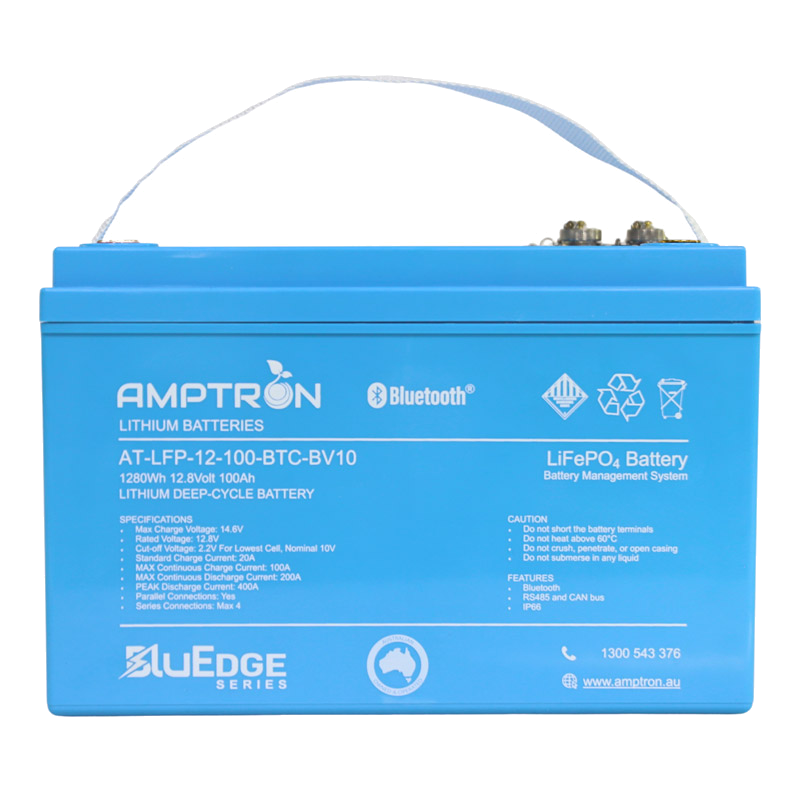 The BluEdge 100Ah battery square on, the label listing max charge voltage 14.6V, standard charge 20A, max continuous charge 100A, max continuous discharge 200A, peak discharge 400A, parallel connections yes, series max four, with Bluetooth, RS485 and CAN bus and IP66 listed as features