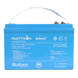 The BluEdge 100Ah battery square on, the label listing max charge voltage 14.6V, standard charge 20A, max continuous charge 100A, max continuous discharge 200A, peak discharge 400A, parallel connections yes, series max four, with Bluetooth, RS485 and CAN bus and IP66 listed as features