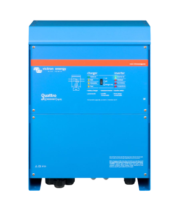Victron Quattro 48|10000|140 inverter charger, front view of the blue case with the charger and inverter status legend across the middle panel