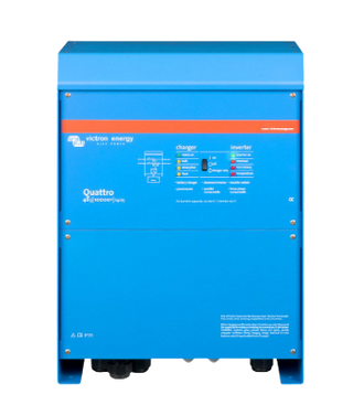 Victron Quattro 48|10000|140 inverter charger, front view of the blue case with the charger and inverter status legend across the middle panel
