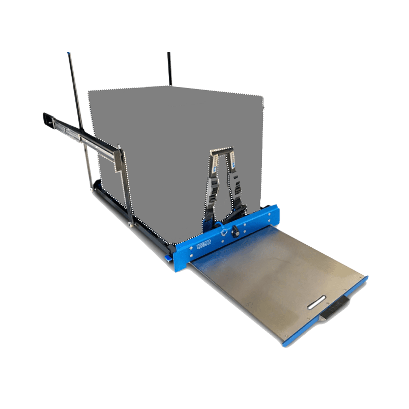 MSA drop slide with the sliding table pulled out, showing the slide rails, the twin fridge straps, the blue front panel with its locking pin and the stainless table extended beyond it