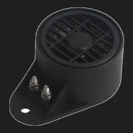 Single mount reversing alarm seen from the front quarter, the ribbed speaker grille filling the round face with the mounting foot and terminal studs below