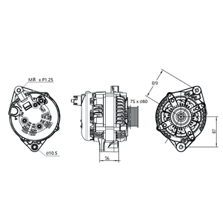 Dimensioned drawing of the BKS-240DMAX showing the M8 top mount, 10.5mm bottom mount hole, seven groove 60mm pulley and overall case dimensions