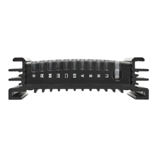 Edge-on view of the Alpha50 R, the row of connector positions along the front face each marked with its own icon, between the cast end brackets