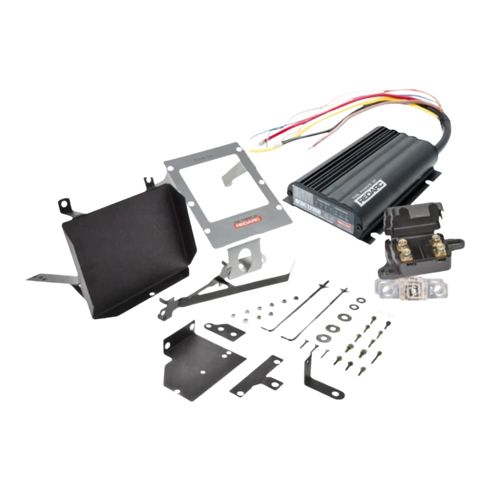 Under bonnet dual battery kit contents for the Holden Colorado and Colorado 7 RG 2.8 turbo diesel, showing the REDARC BCDC1225D charger, stainless bracket, battery tray, fuses and wiring