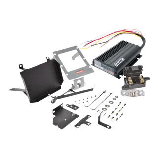 Under bonnet dual battery kit contents for the Holden Colorado and Colorado 7 RG 2.8 turbo diesel, showing the REDARC BCDC1225D charger, stainless bracket, battery tray, fuses and wiring