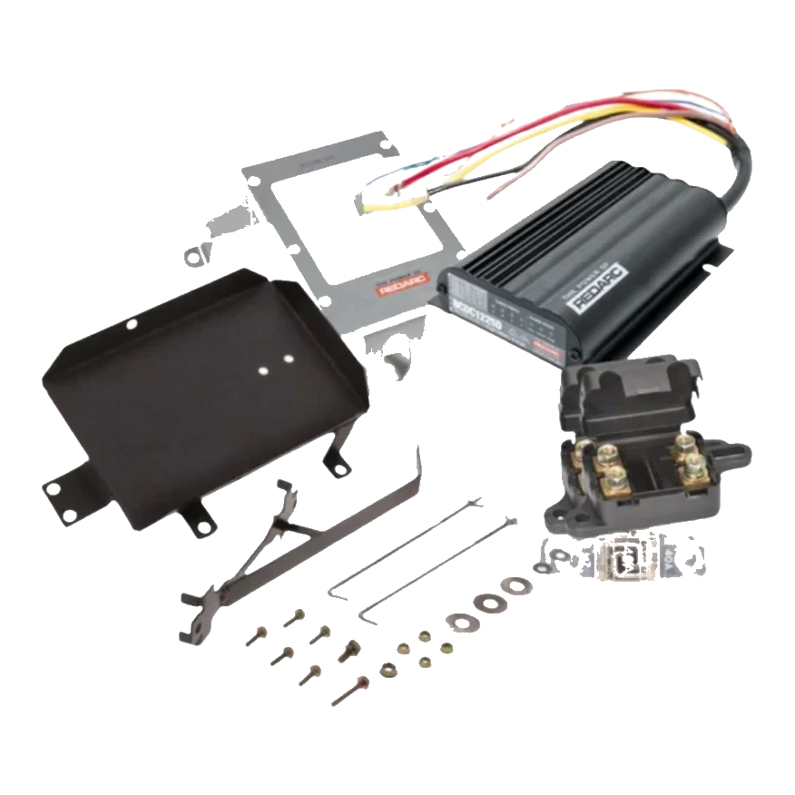 Under bonnet dual battery kit contents for the Isuzu D-MAX 3.0 turbo diesel 4JJ1-TC, showing the REDARC BCDC1225D charger, stainless bracket, battery tray, fuses and wiring