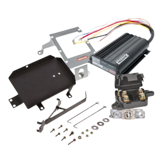 Under bonnet dual battery kit contents for the Isuzu D-MAX 3.0 turbo diesel 4JJ1-TC, showing the REDARC BCDC1225D charger, stainless bracket, battery tray, fuses and wiring
