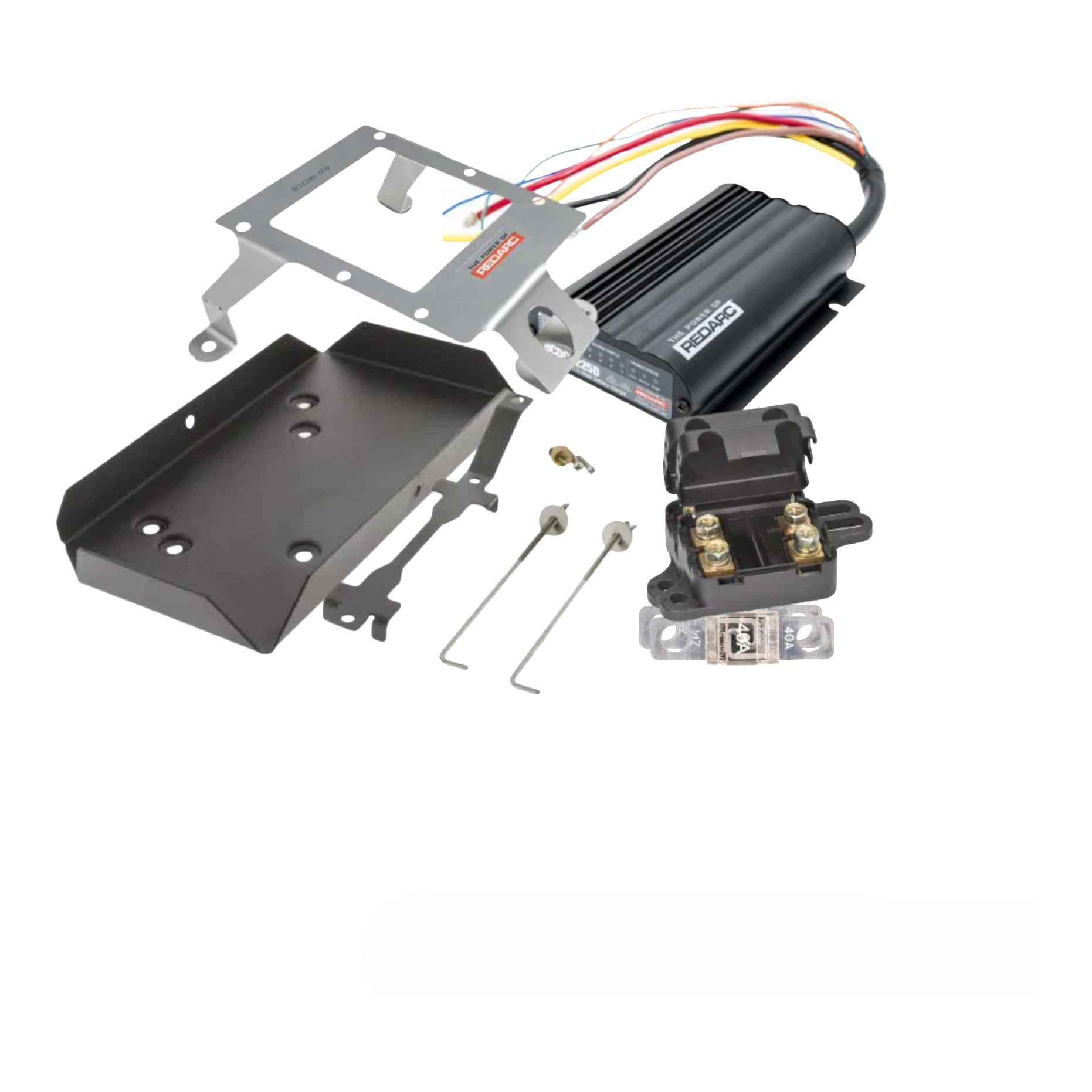 Contents of the LandCruiser 200 Series dual battery kit: REDARC BCDC1225D charger, stainless mounting bracket, powder coated battery tray, fuse holder, 40A midi fuse and hold-down hardware