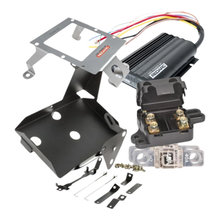 Under bonnet dual battery kit for the Toyota LandCruiser laid out: REDARC BCDC1225D charger with wiring loom, stainless charger bracket, black battery tray, twin midi fuse holder, 40A midi fuses and mounting hardware
