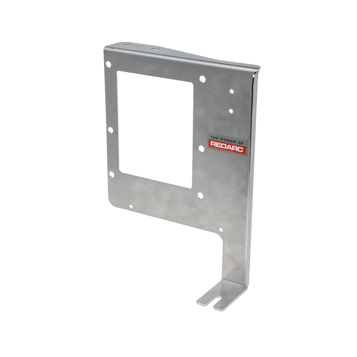 Stainless Redarc mounting bracket standing upright, a tall plate with a rectangular cut-out folding to a curved top flange and a slotted foot at the base