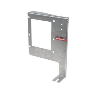 Stainless Redarc mounting bracket standing upright, a tall plate with a rectangular cut-out folding to a curved top flange and a slotted foot at the base