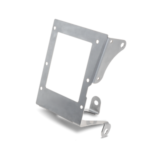 Stainless Redarc mounting bracket at an angle, the plate with a rectangular cut-out and a curved side wing, with two small tabs folded out along the lower edge