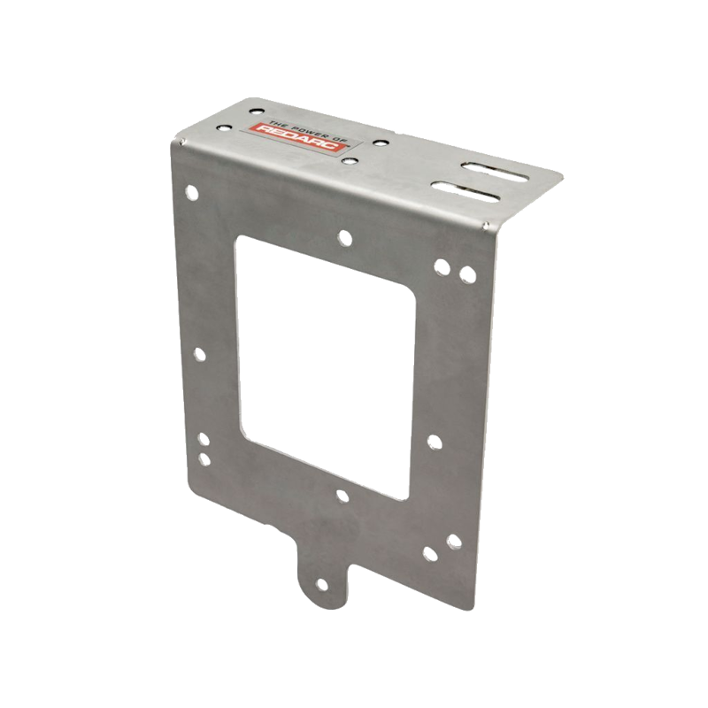 Stainless Redarc mounting bracket seen from the front quarter, the upright plate with a cut-out and a top flange carrying two slots and a row of fixing holes