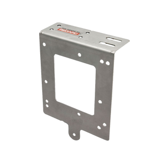 Stainless Redarc mounting bracket seen from the front quarter, the upright plate with a cut-out and a top flange carrying two slots and a row of fixing holes