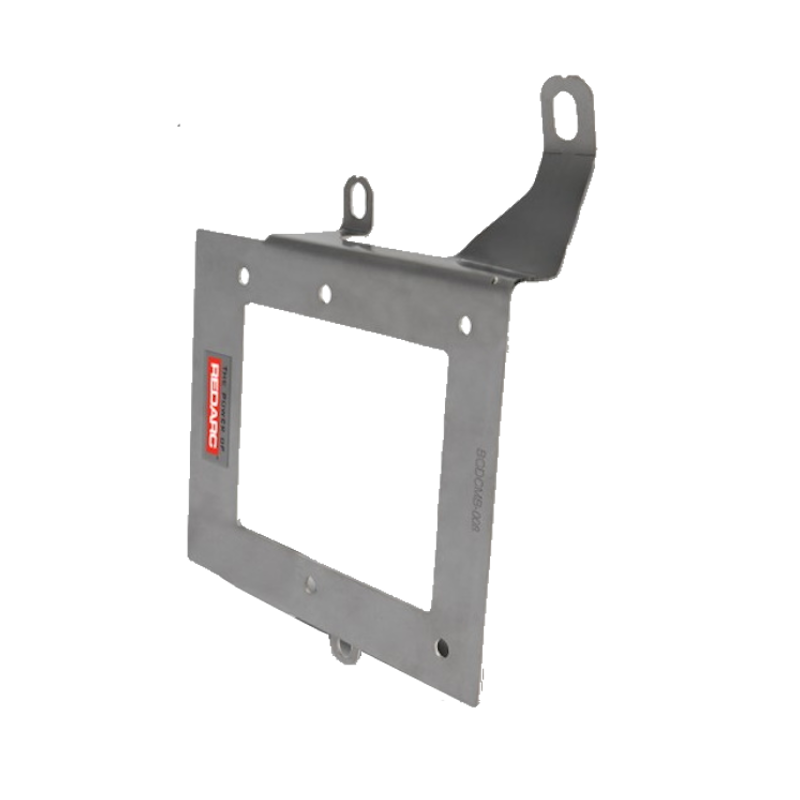 Stainless Redarc mounting bracket standing on edge, the plate with a rectangular cut-out and two upright tabs, with a curved arm reaching out to a slotted mounting eye