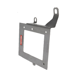 Stainless Redarc mounting bracket standing on edge, the plate with a rectangular cut-out and two upright tabs, with a curved arm reaching out to a slotted mounting eye