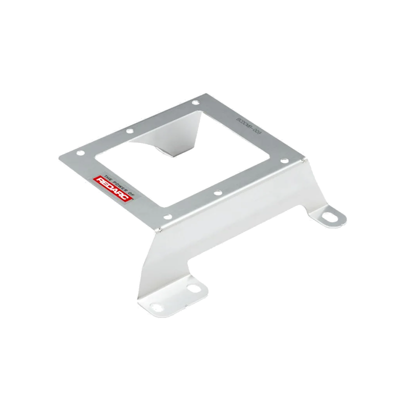 Stainless Redarc mounting bracket viewed from above, the cut-out plate with a folded retaining tang and two slotted feet at opposite corners