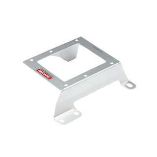 Stainless Redarc mounting bracket viewed from above, the cut-out plate with a folded retaining tang and two slotted feet at opposite corners