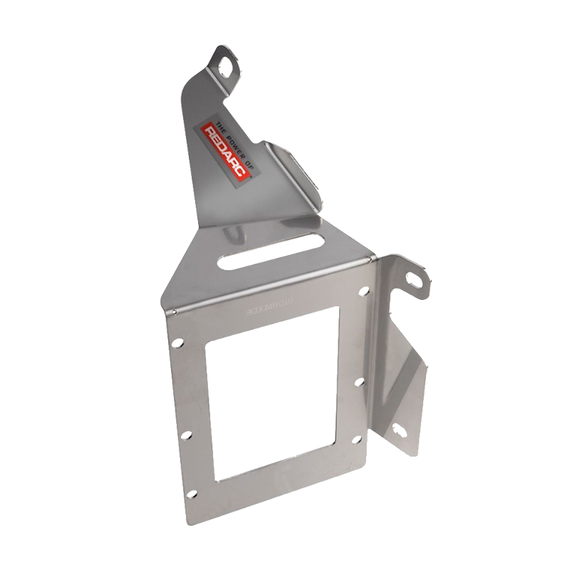 Stainless Redarc mounting bracket in a stepped form, an upper platform with a slot and a lower plate with a rectangular cut-out, joined by a folded riser with a side wing