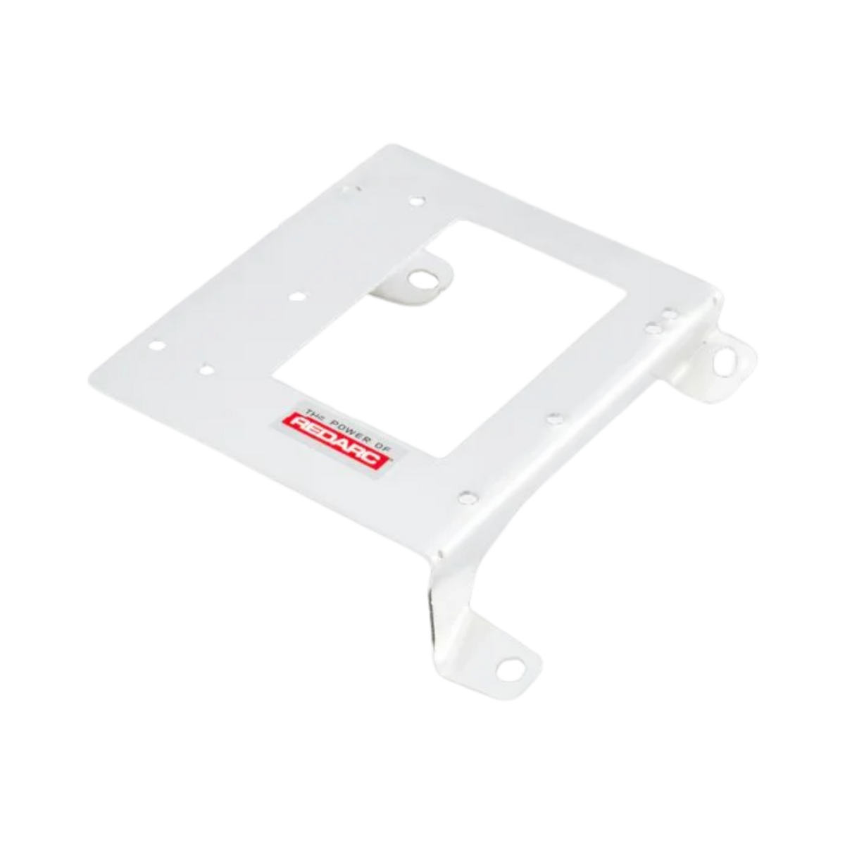 White Redarc mounting bracket seen from above, the plate with a central cut-out, a folded tang and two mounting feet at the corners