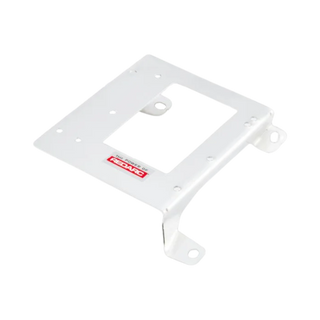 White Redarc mounting bracket seen from above, the plate with a central cut-out, a folded tang and two mounting feet at the corners