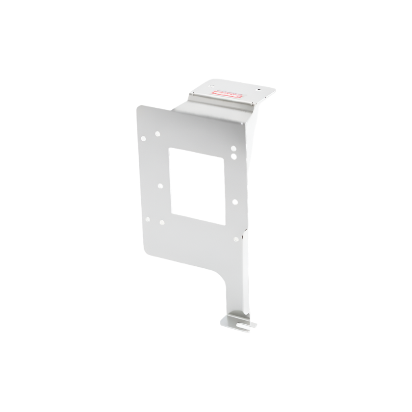 White Redarc mounting bracket viewed edge on, the tall plate with a rectangular cut-out folding to a small top flange and a slotted foot at the bottom