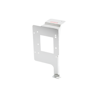White Redarc mounting bracket viewed edge on, the tall plate with a rectangular cut-out folding to a small top flange and a slotted foot at the bottom