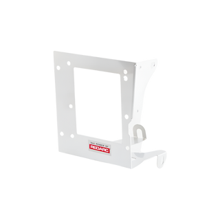 White powder-coated Redarc mounting bracket with a rectangular cut-out for the charger, a folded side wing with fixing holes and a hooked tab at the bottom edge