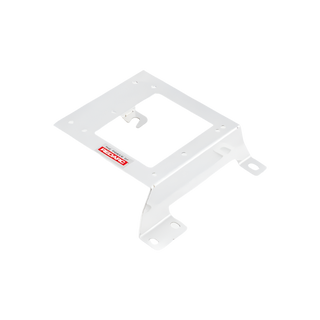 White Redarc mounting bracket seen from a low angle, the cut-out plate with a hooked tab and two slotted feet turned toward the camera