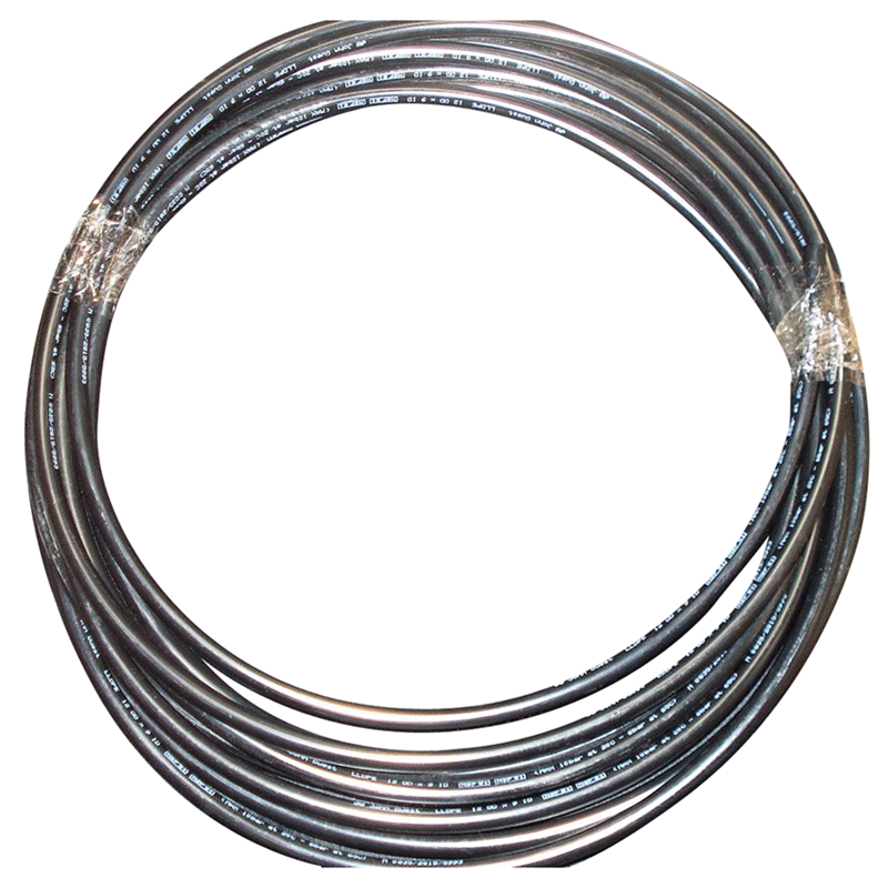 Coiled black cable on a white background