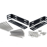 Set of black metal brackets with screws and washers on a white background