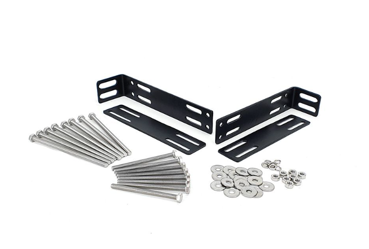 Set of black metal brackets with screws and washers on a white background