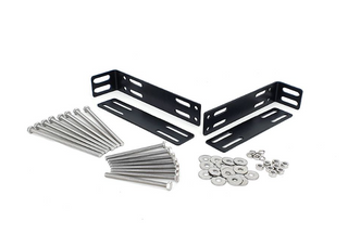 Set of black metal brackets with screws and washers on a white background