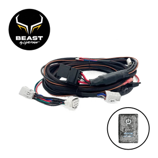 BEAST by Lightforce wiring harness coiled on white, with a relay in a black sleeve mid-loom, a multi-pin vehicle plug, two grey Deutsch lamp connectors, a white connector and battery tails, shown with the MODE touch switch inset