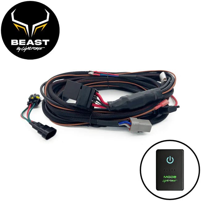 BEAST wiring harness with a two-pin sealed connector on a short green and black lead at one end, a grey Deutsch connector at the other, and the MODE touch switch shown inset