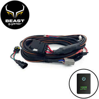 BEAST wiring harness with a two-pin sealed connector on a short green and black lead at one end, a grey Deutsch connector at the other, and the MODE touch switch shown inset