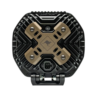 Rear of a Lightforce BEAST 230mm driving light showing the finned alloy housing, bronze X-shaped bash plate with kangaroo emblem, 4-pin waterproof connector and mounting bracket