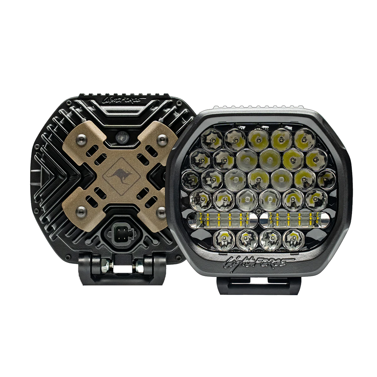 Pair of Lightforce BEAST 230mm driving lights, one showing the finned rear housing with bronze bash plate and 4-pin connector, the other showing the 36 LED front lens