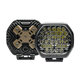 Pair of Lightforce BEAST 230mm driving lights, one showing the finned rear housing with bronze bash plate and 4-pin connector, the other showing the 36 LED front lens