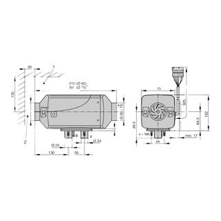 Technical drawing of the Belief 2.2kW Diesel Air Heater Full Installation Kit (12V) – ALT SP MODEL with dimensions on a white background