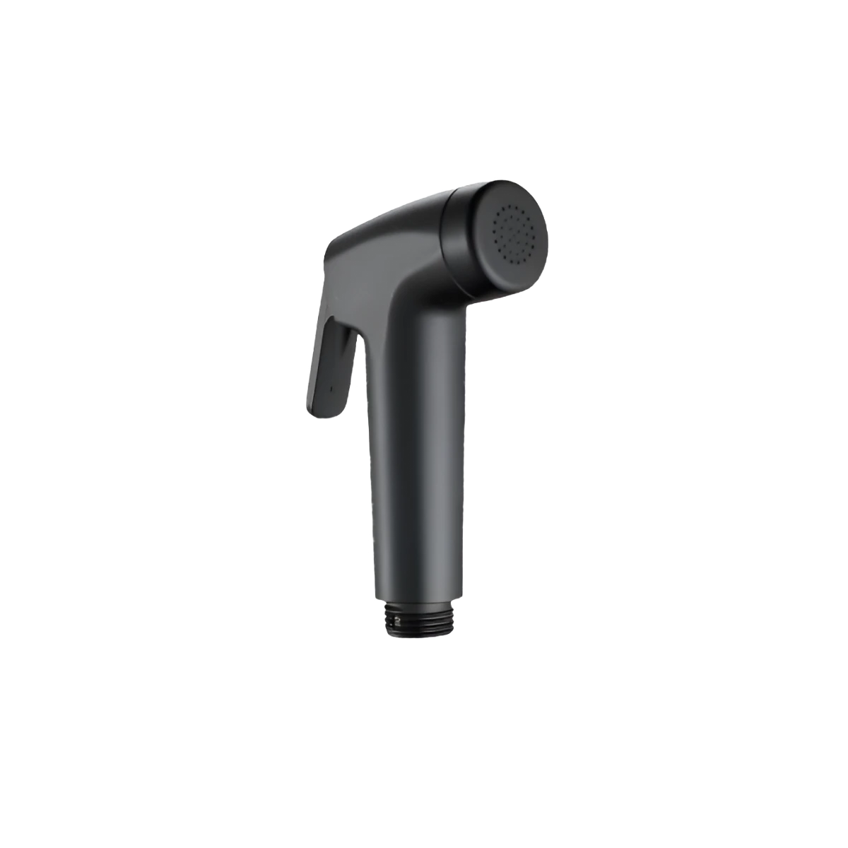 Black bidet spray nozzle, a moulded handle with a trigger lever and a perforated spray face, with a threaded hose connection at the base