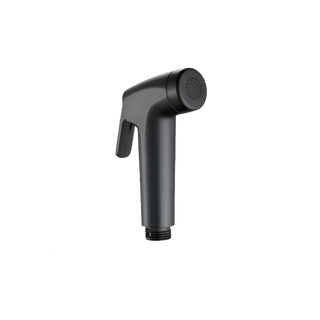 Black bidet spray nozzle, a moulded handle with a trigger lever and a perforated spray face, with a threaded hose connection at the base