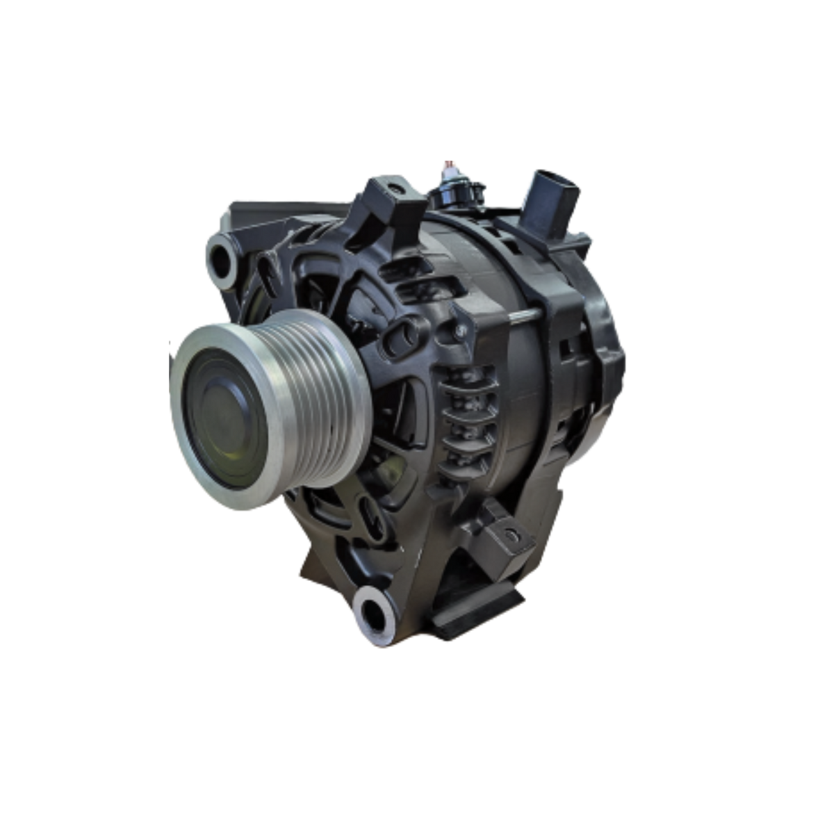 140 amp alternator for the Toyota Hilux 1GD-FTV, seen from the pulley end at an angle, with the multi-groove pulley, cast mounting lugs and the moulded plug on top of the rear housing