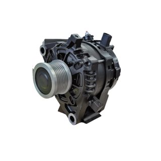 140 amp alternator for the Toyota Hilux 1GD-FTV, seen from the pulley end at an angle, with the multi-groove pulley, cast mounting lugs and the moulded plug on top of the rear housing