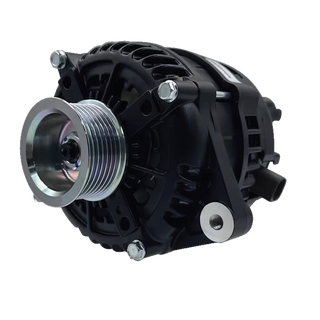 Black Series BKS-240DMAX 240A alternator, three quarter view showing the black housing and the 7PV fixed pulley