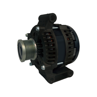 Black Series 240A alternator seen from the pulley end at an angle, the multi-groove pulley on the front with the cast mounting lugs and vented black housing behind