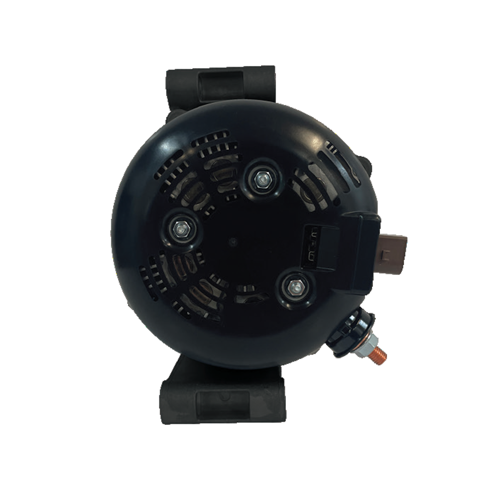 Rear of the Black Series alternator, the domed vented end cover with four through-bolts, the regulator plug at the side and the copper B plus output stud with its nut